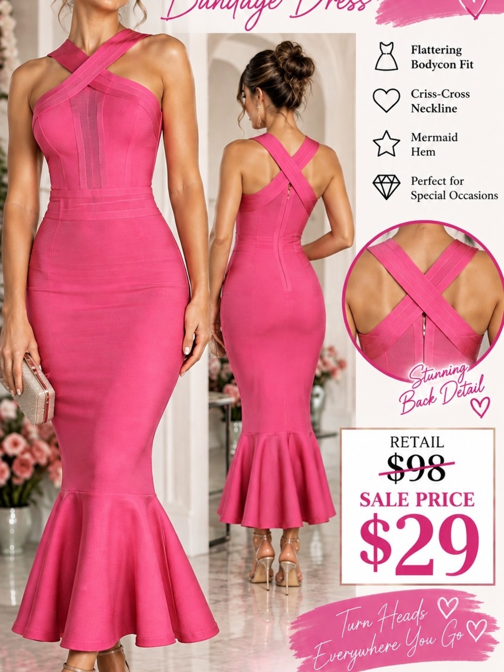 WOW couture Hot Pink Criss-Cross Mermaid Bandage Dress